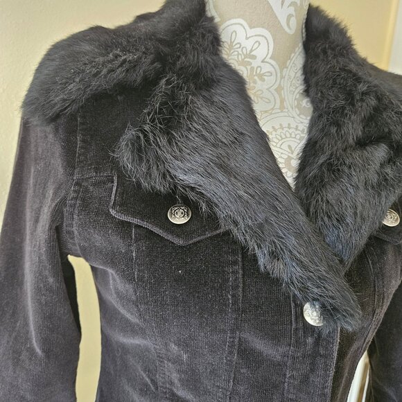 SB Jeans-NWOT Women's Black Rabbit Fur Corduroy Jacket size Small - Picture 2 of 9